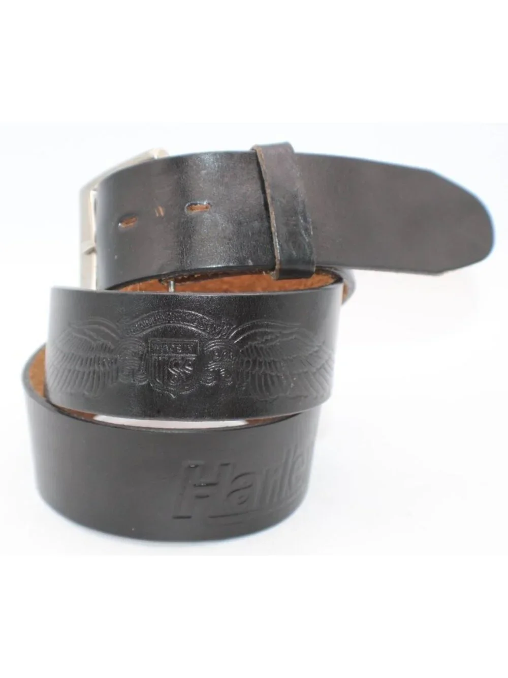 Harley-Davidson Black Leather Belt Size 36/38 Embossed Logo & Wings Design Made